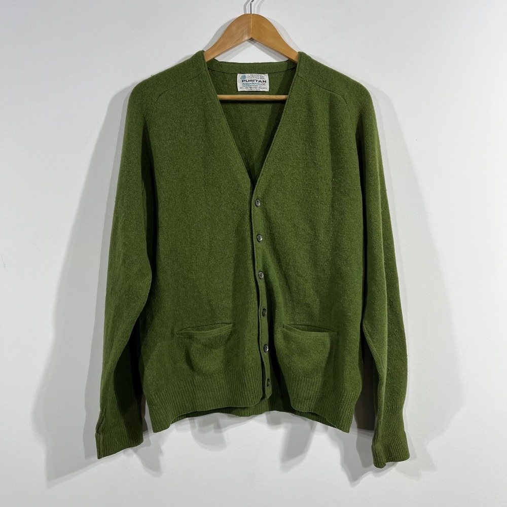 VTG Puritan AquaKnit Lambswool Cardigan Sweater Chartruese Green Womens Medium
